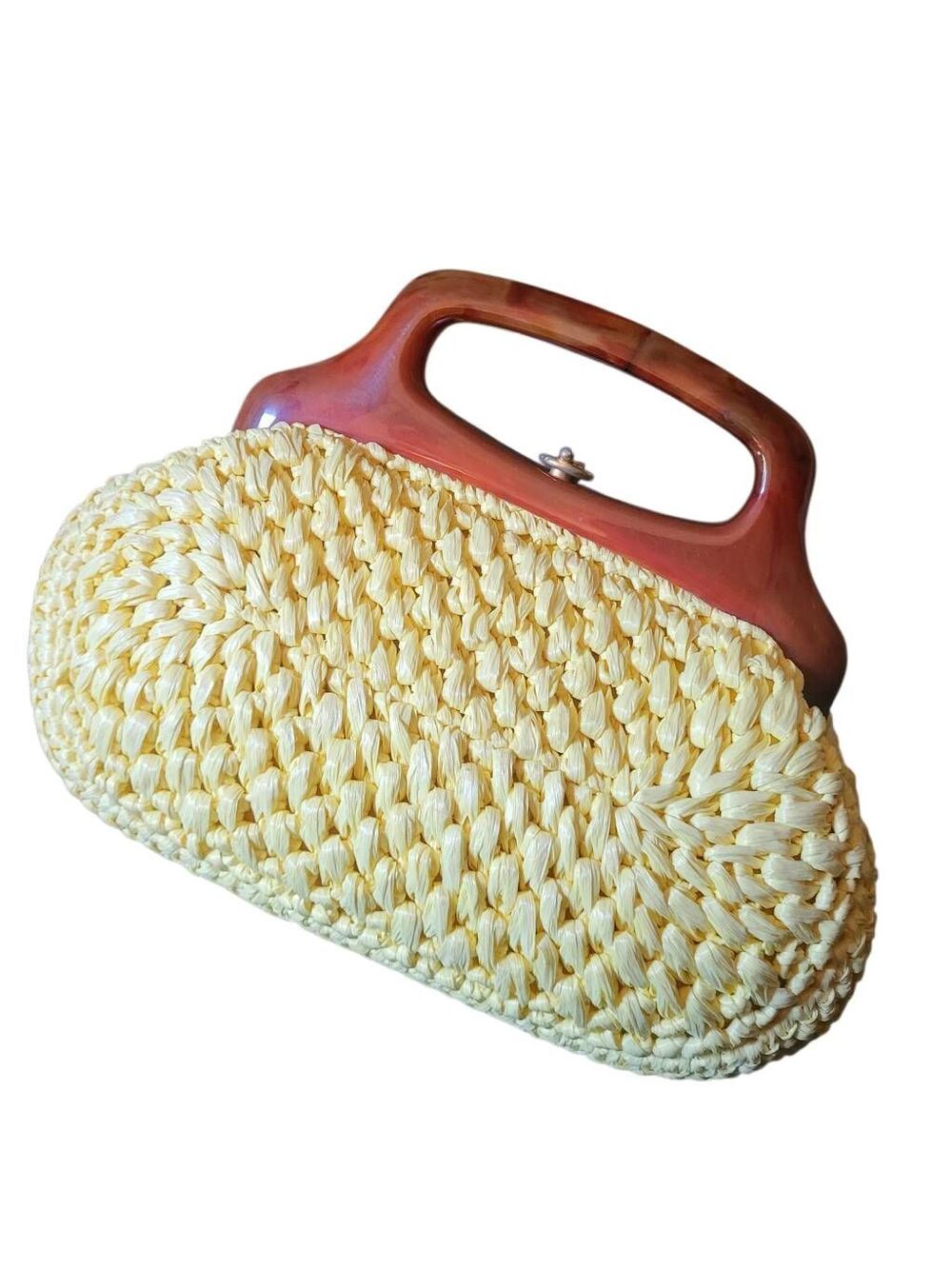 Vintage 1950s Raffia Purse Yellow Bakelite Handle Snap Oval Mid Century Mod